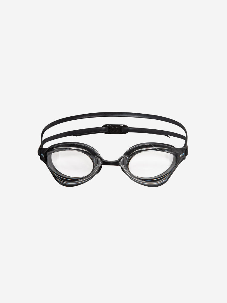 orca killa performance goggle, slim versatile swimming goggle for sea or pool, clear lenses with black silicone, front of goggle