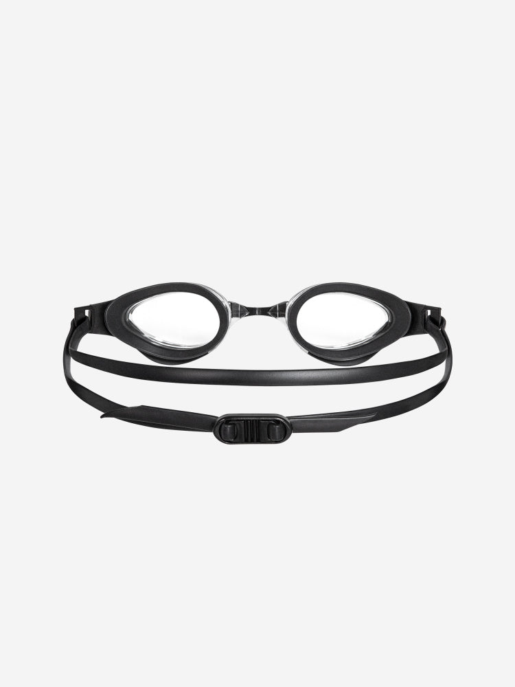 orca killa performance goggle, slim versatile swimming goggle for sea or pool, clear lenses with black silicone, inside profile of goggle on white background