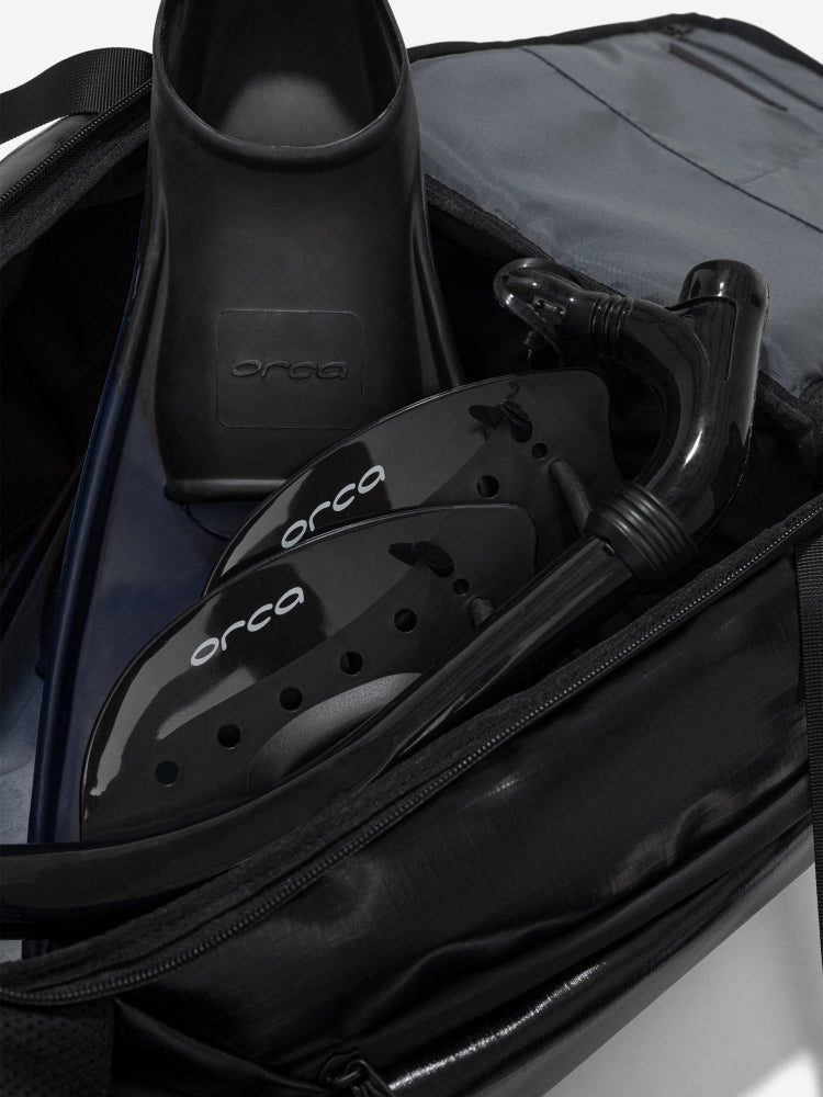orca training backpack, 30 L capacity, packed up with fins, paddles and snorkel