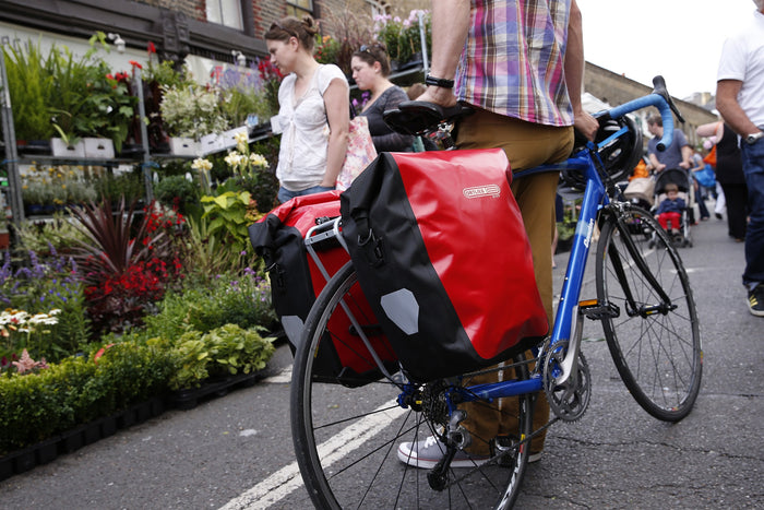 Ortlieb Back-Roller Core waterproof bike pannier bag, red colour on bike