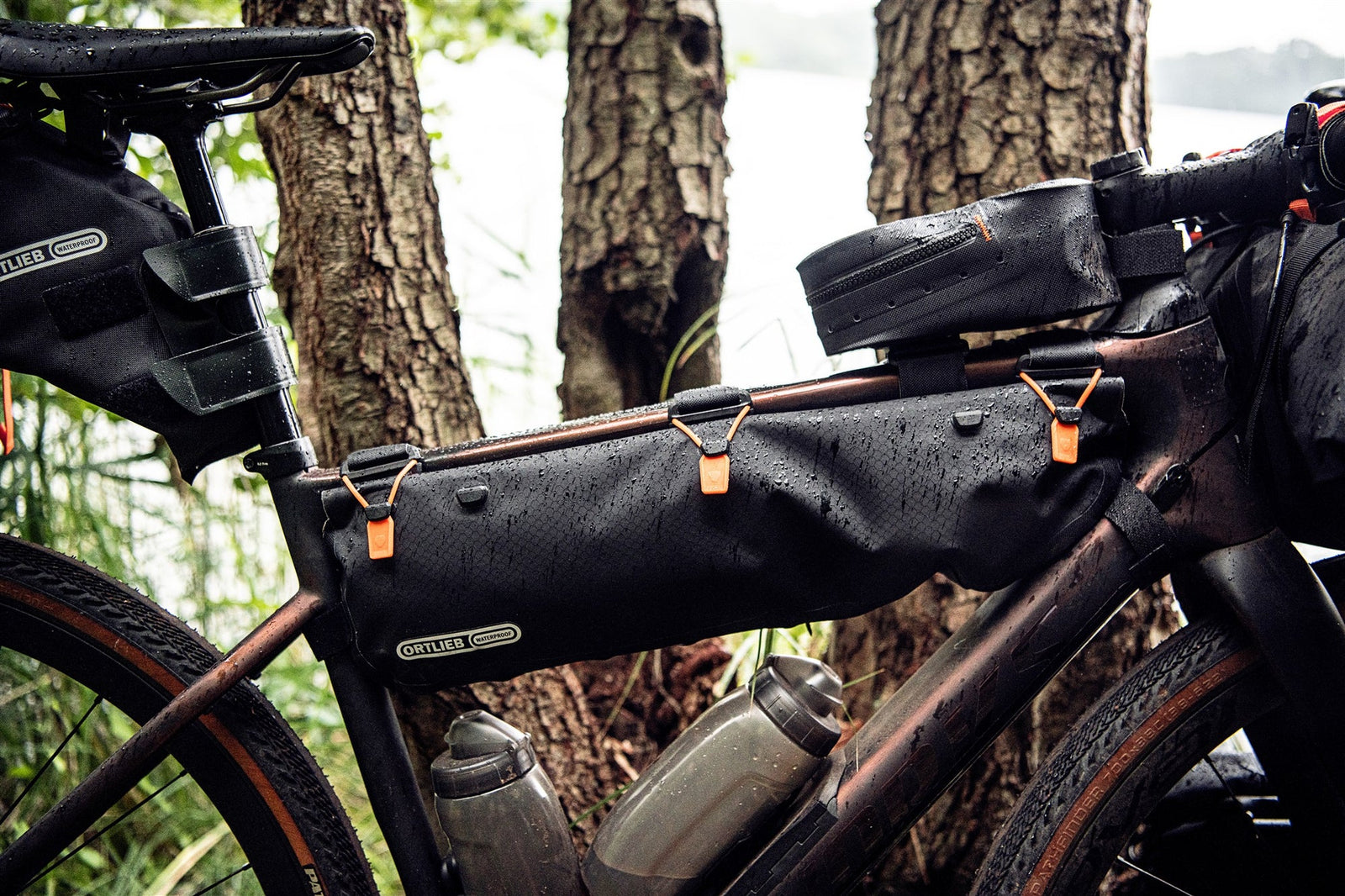 Ortlieb waterproof top tube bag, on bike, in forest