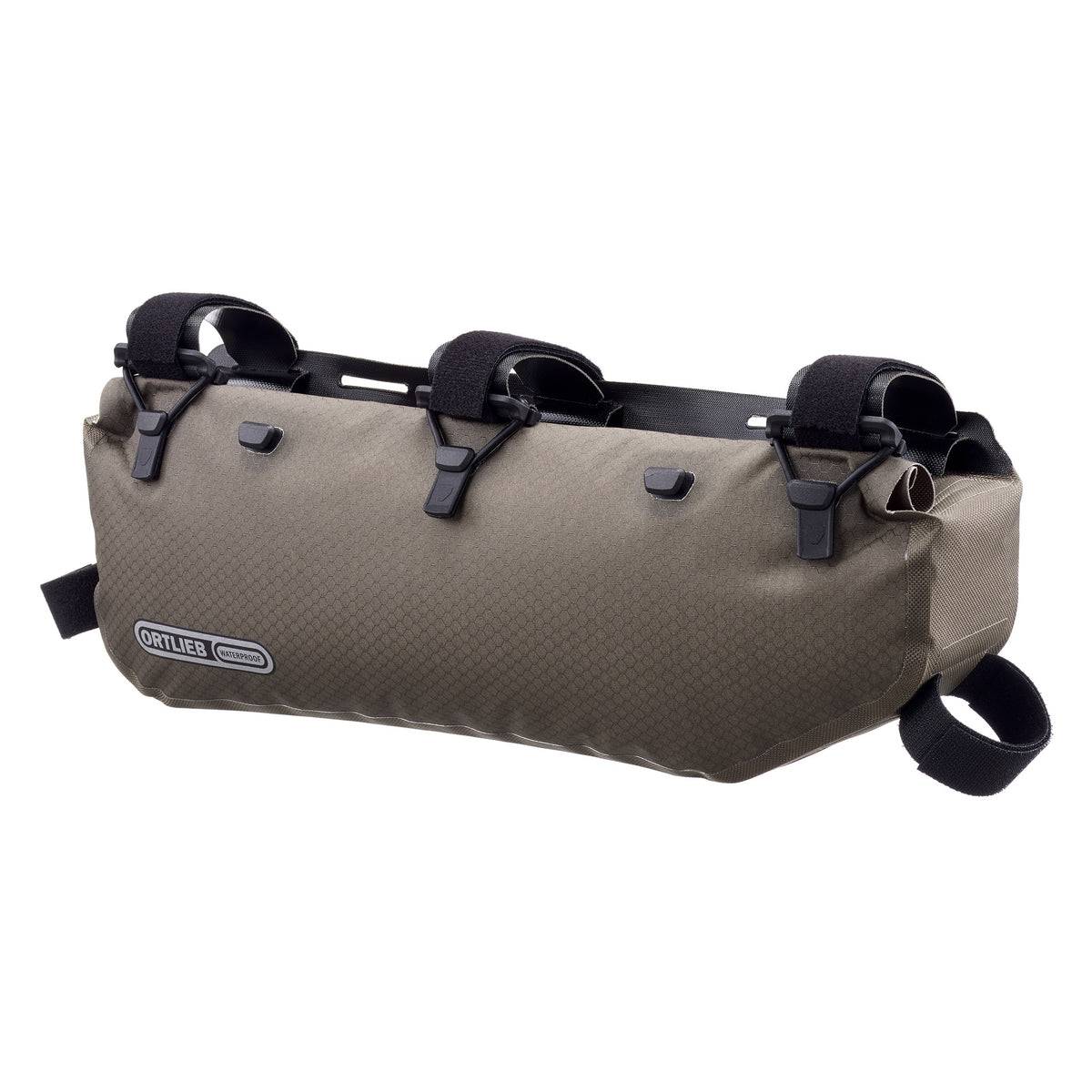 Brown Ortlieb bikepacking top tube bag with black straps on a white background
