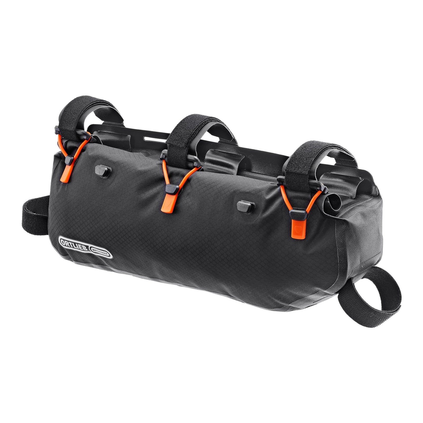 Black Ortlieb bikepacking bag with orange straps on a white background