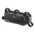 Black Ortlieb bikepacking bag with orange straps on a white background