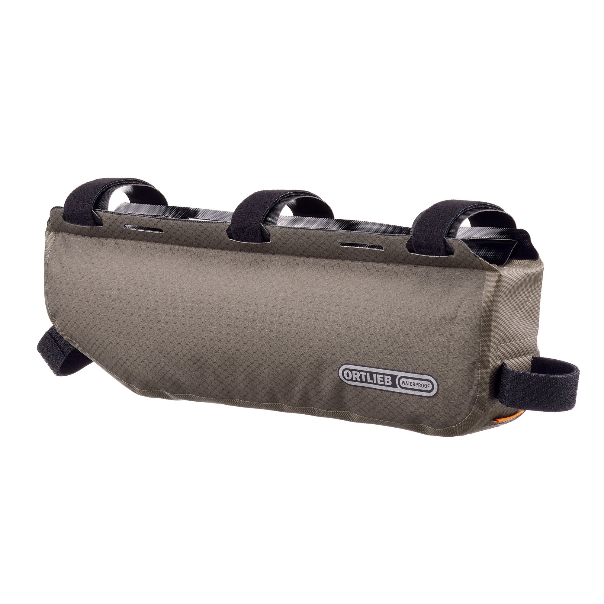 Brown ortlieb bike frame bag with black straps on a white background