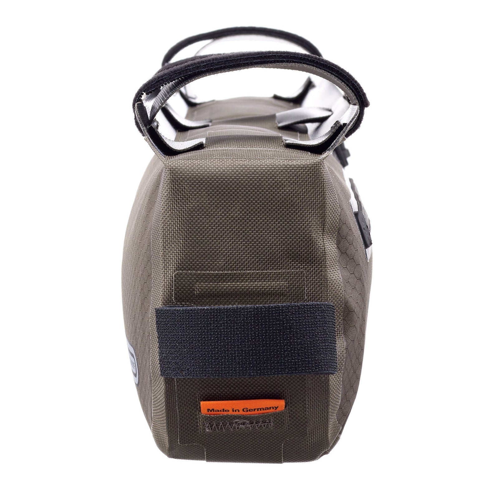 brown ortlieb bag with a black strap and 'Made in Germany' label on a white background
