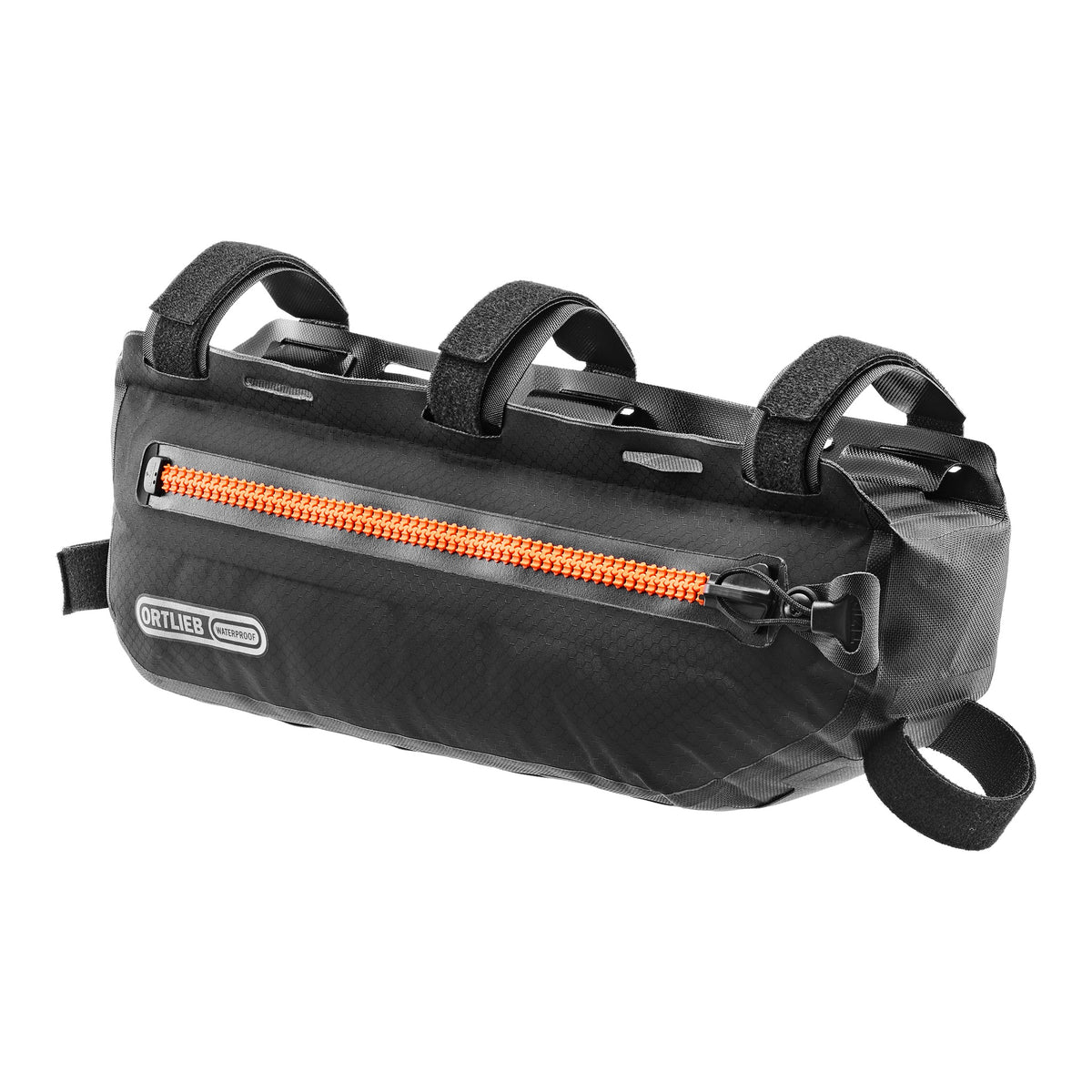 Black ortlieb bike frame bag with orange zipper on a white background