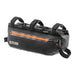 Black ortlieb bike frame bag with orange zipper on a white background