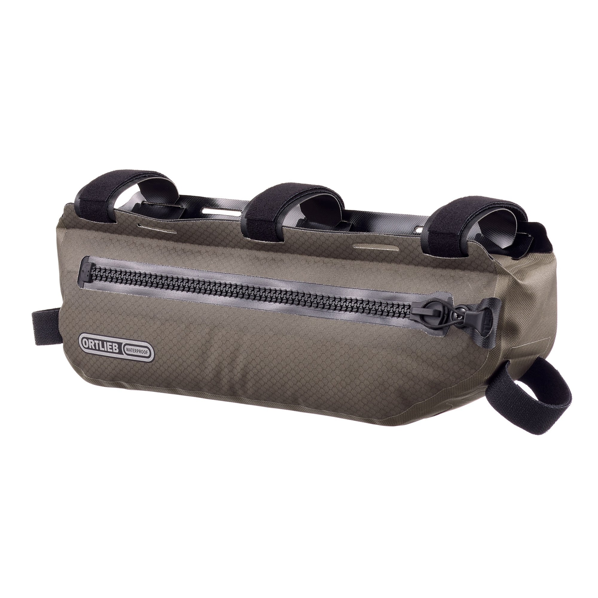 Brown ortlieb bike frame bag with black straps on a white background