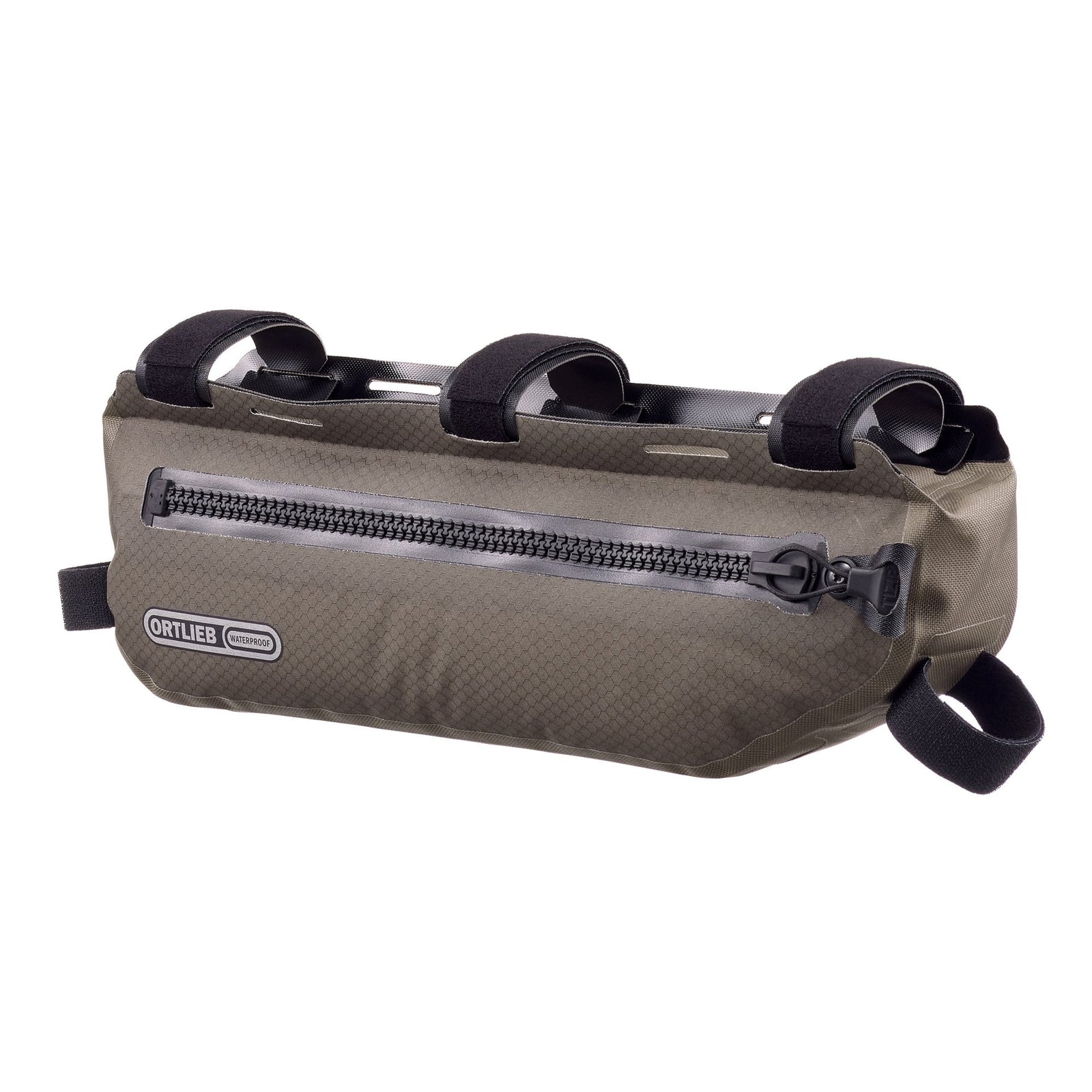 Brown ortlieb bike frame bag with black straps on a white background