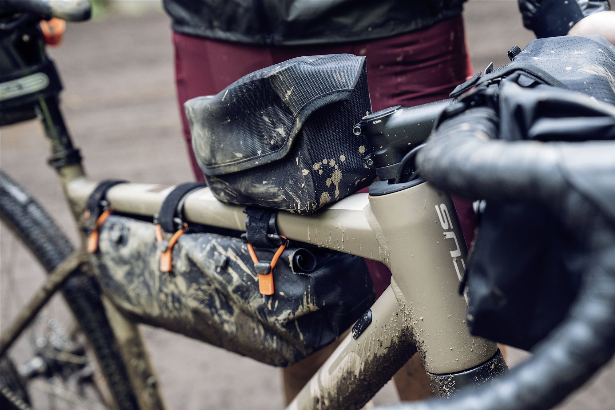 Bicycle with mounted ortlieb bags and a person in the background