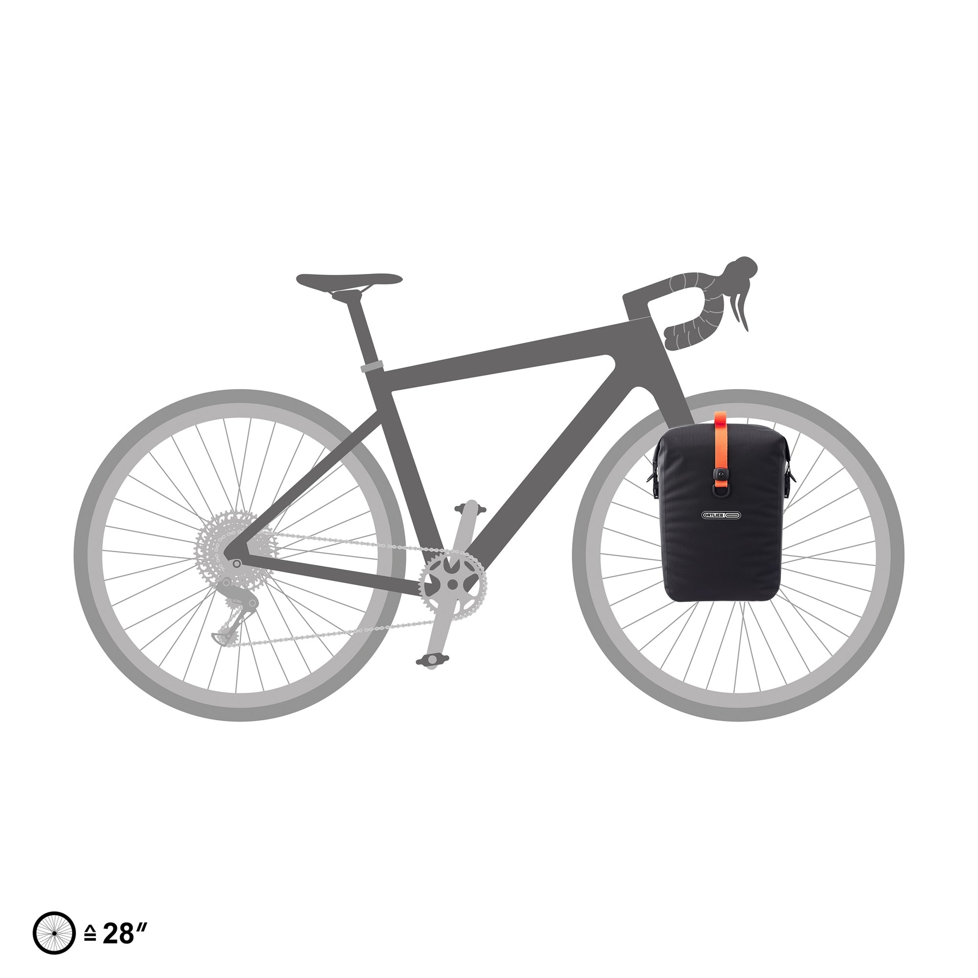 Bicycle with a black ortliebe pannier bag on a white background