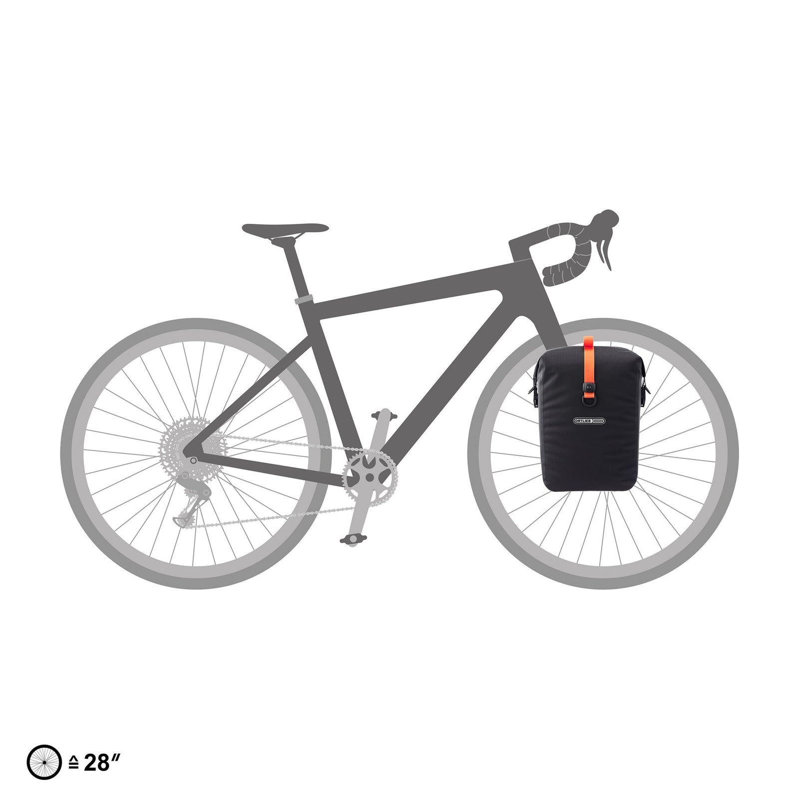 Bicycle with a black ortliebe pannier bag on a white background