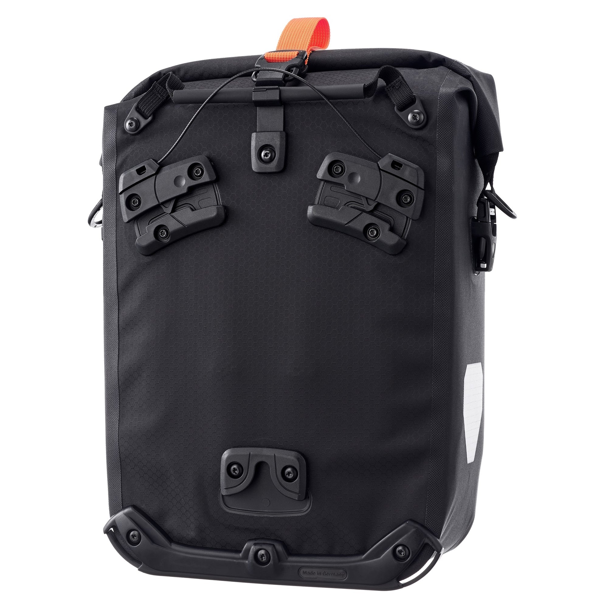 Ortlieb black backpack with multiple straps and buckles on a white background
