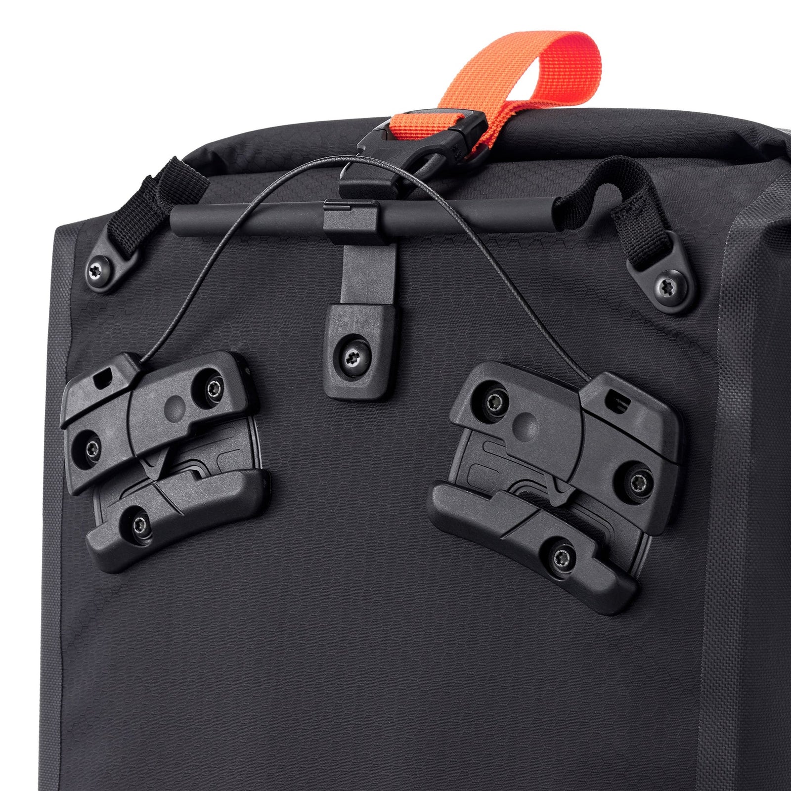 Black ortlieb pannier bag with black straps and orange buckle on a white background