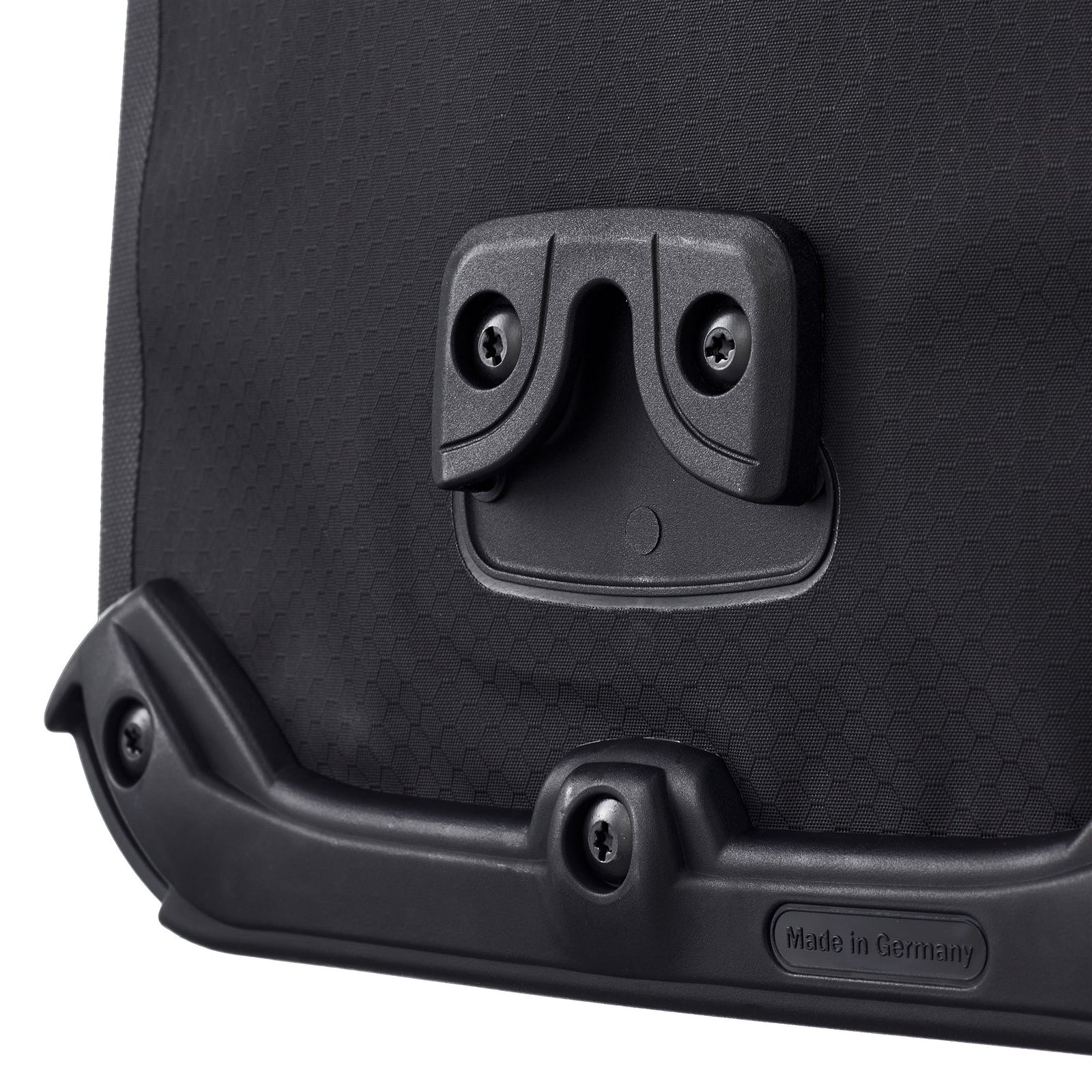 Close-up of a ortlieb gravel pannier with a label on a white background