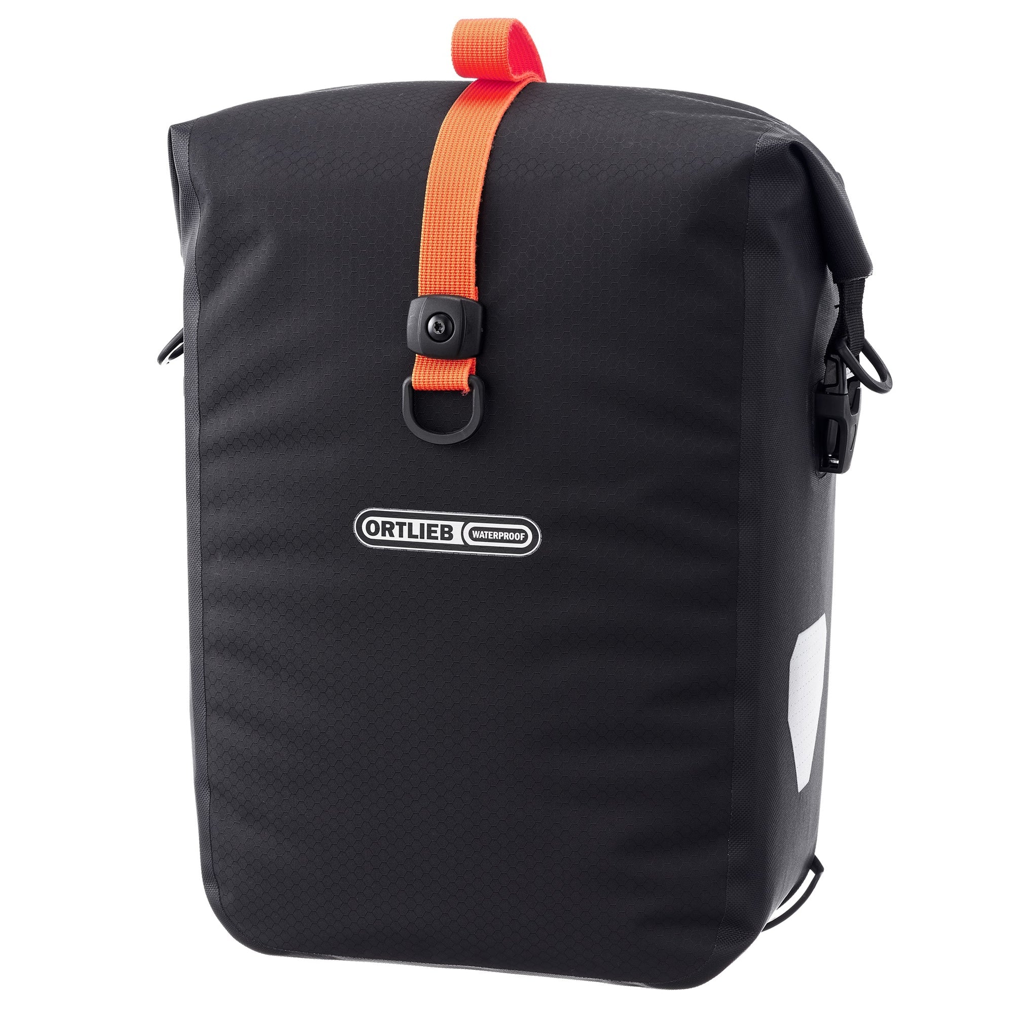 Ortliebe black waterproof backpack with an orange strap on a white background