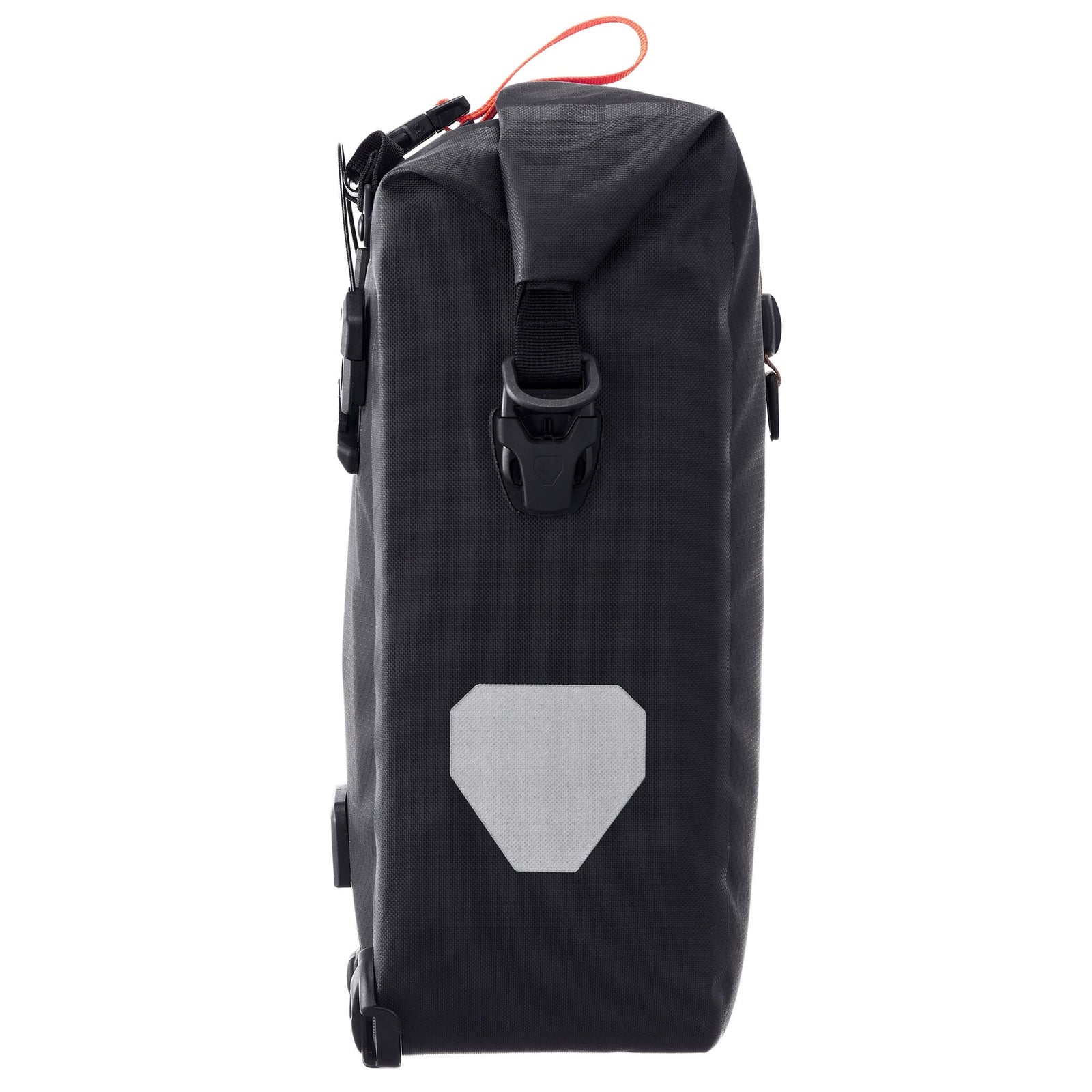 Black Ortlieb waterproof bag with a reflective patch on a white background