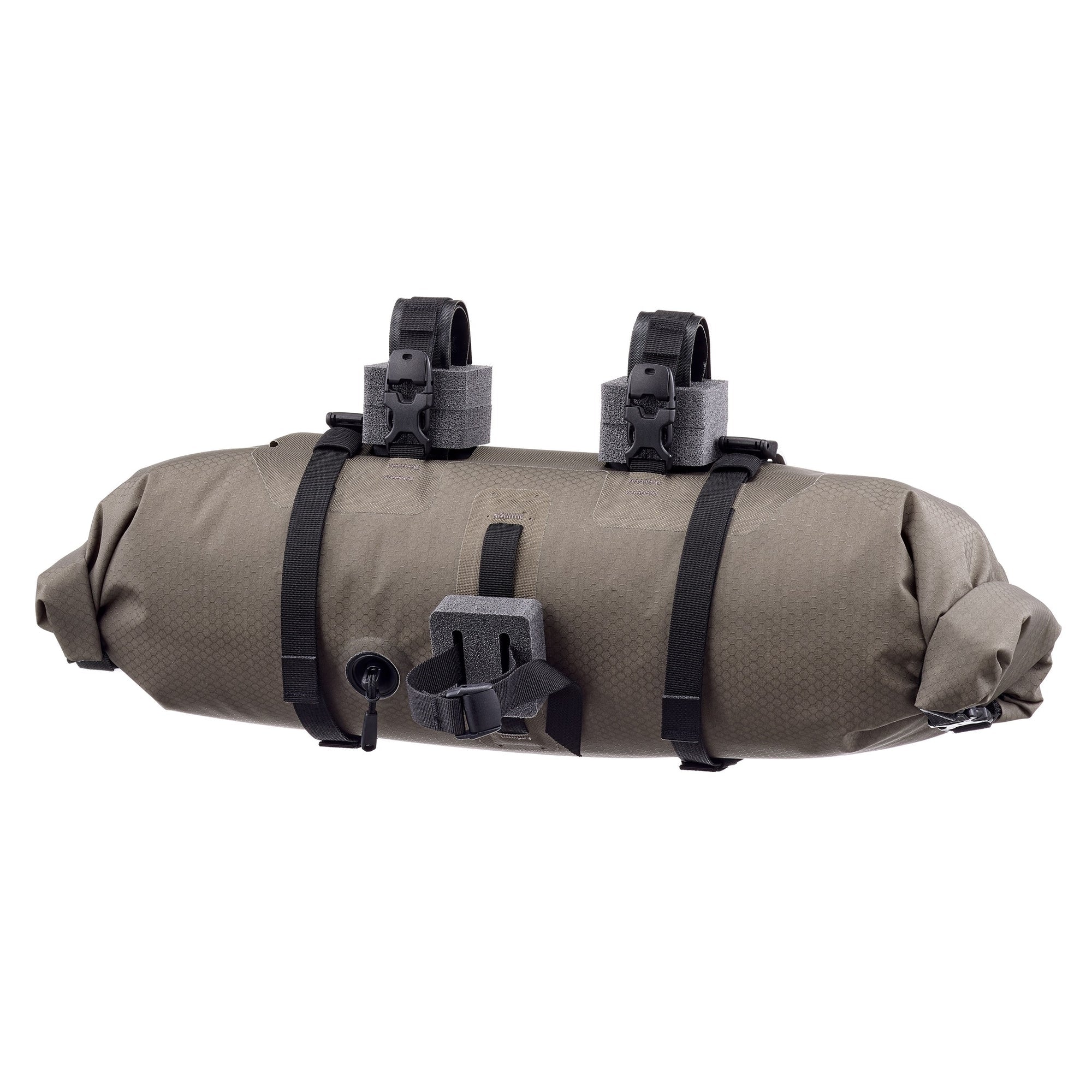 Brown ortlieb handlebar bag with black straps and clips on a white background