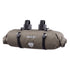 Brown Ortlieb bike handlebar bag with black straps on a white background