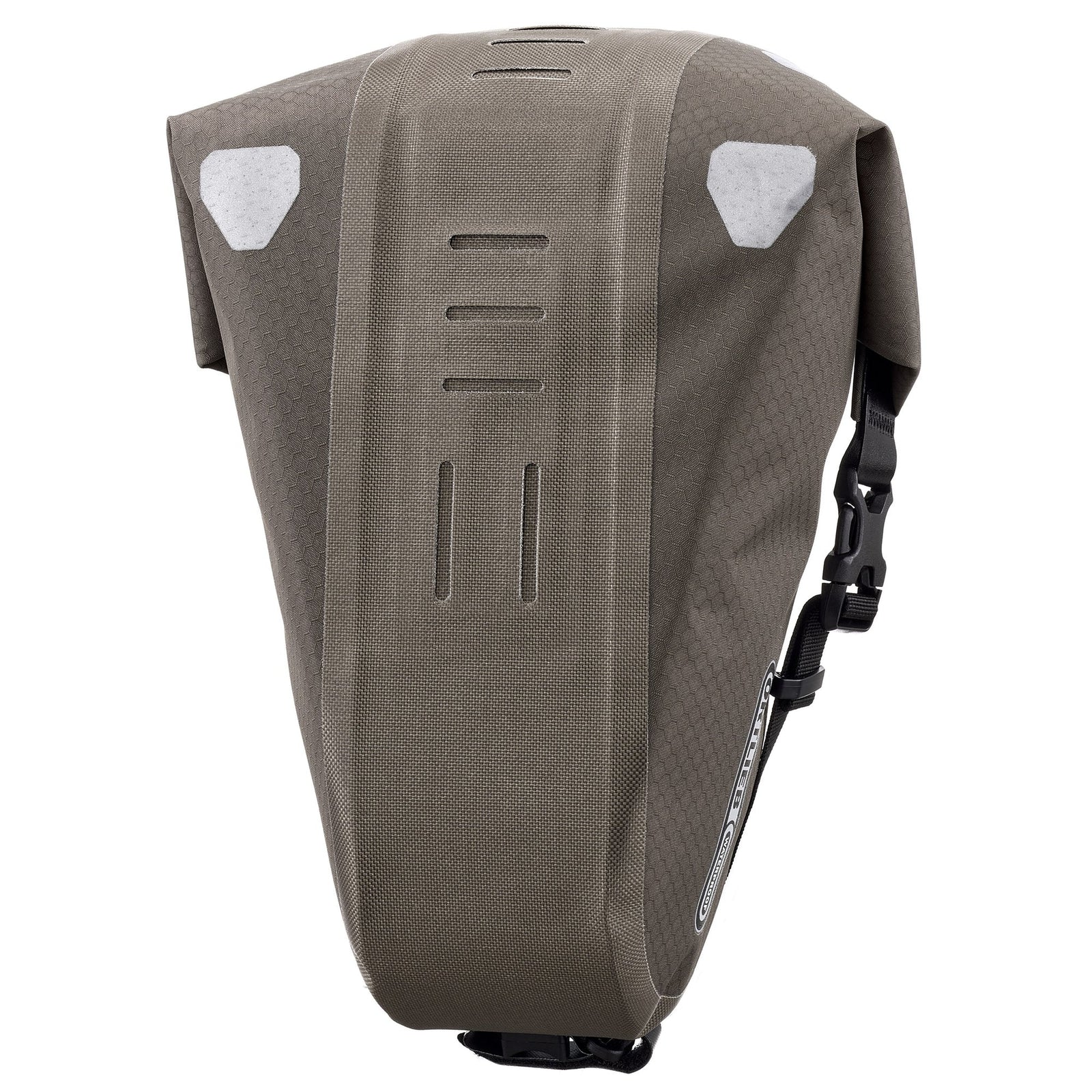 Ortlieb saddle bag with white reflective patches on a white background