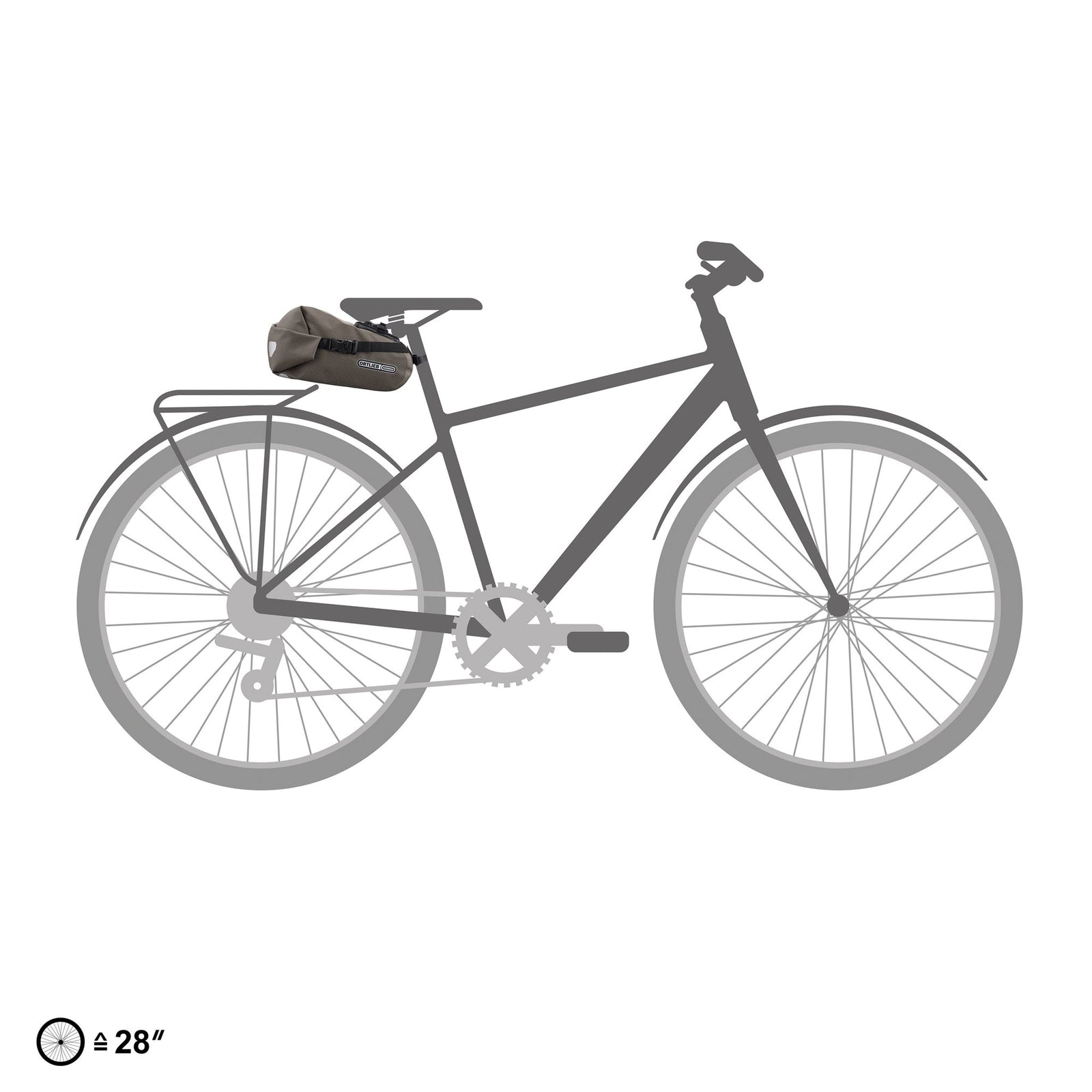 Bicycle with a rear rack and ortlieb saddle bag on a white background