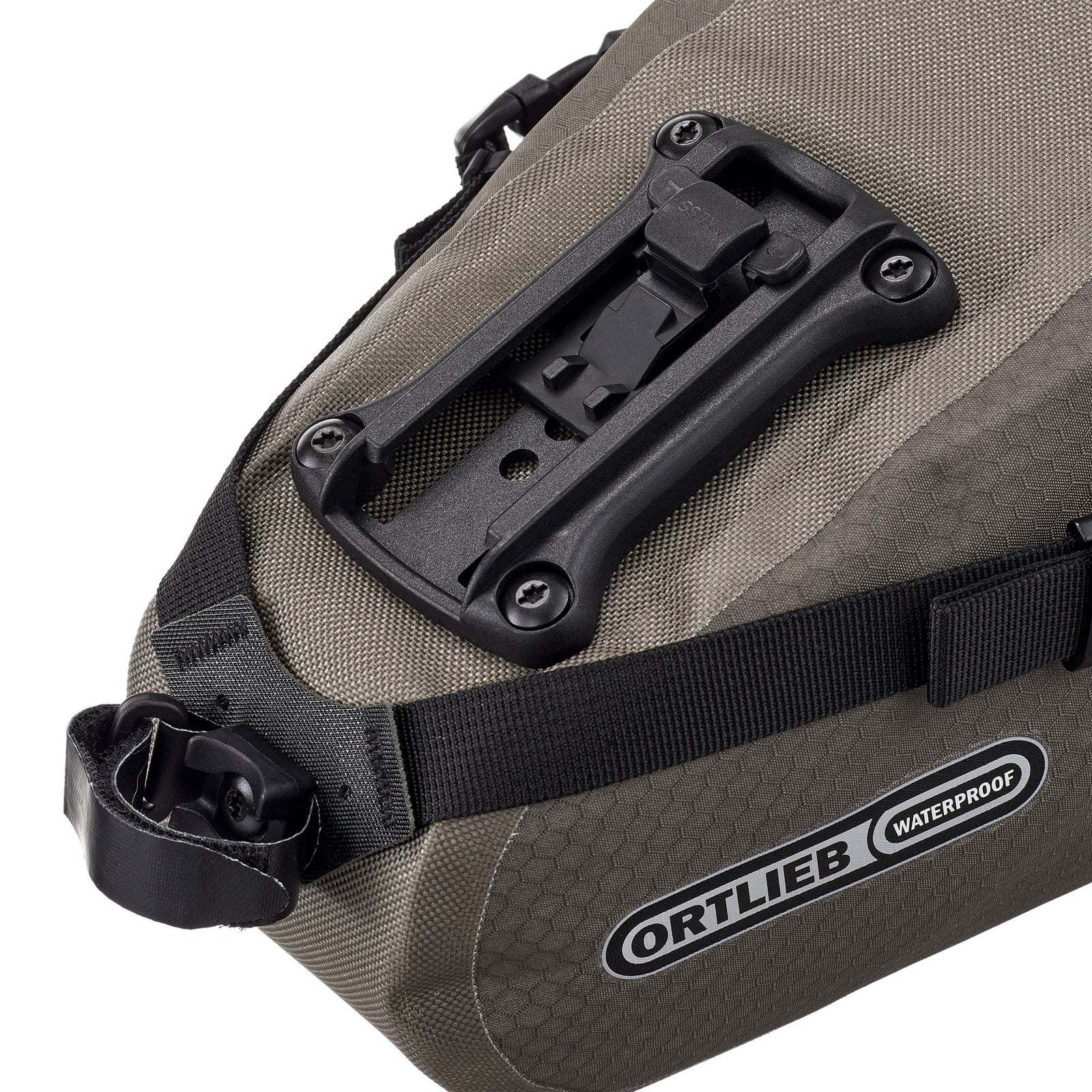 Ortlieb saddle bag with a black strap and visible brand logo on a white background