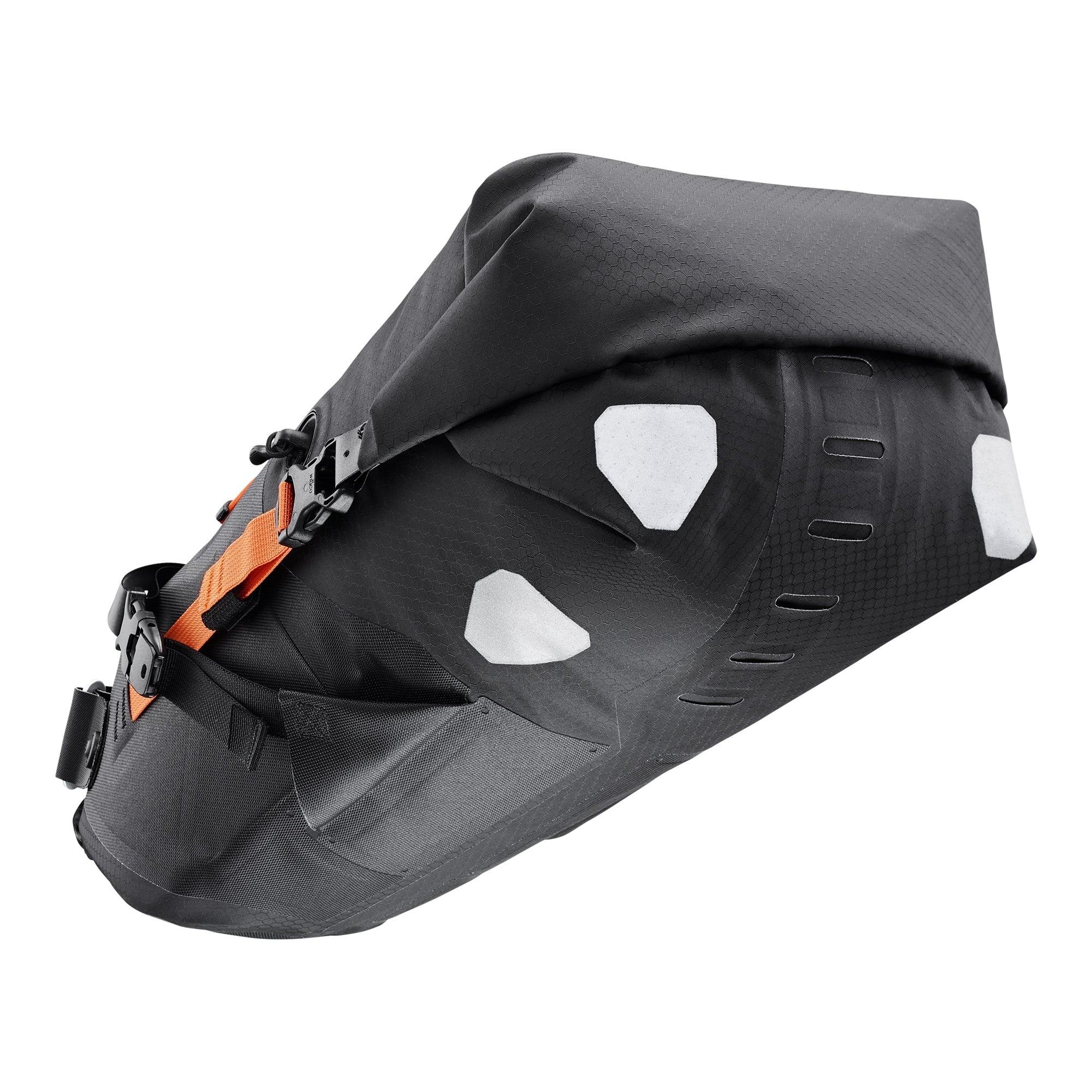 Black ortlieb saddlebag with orange accents on a white background