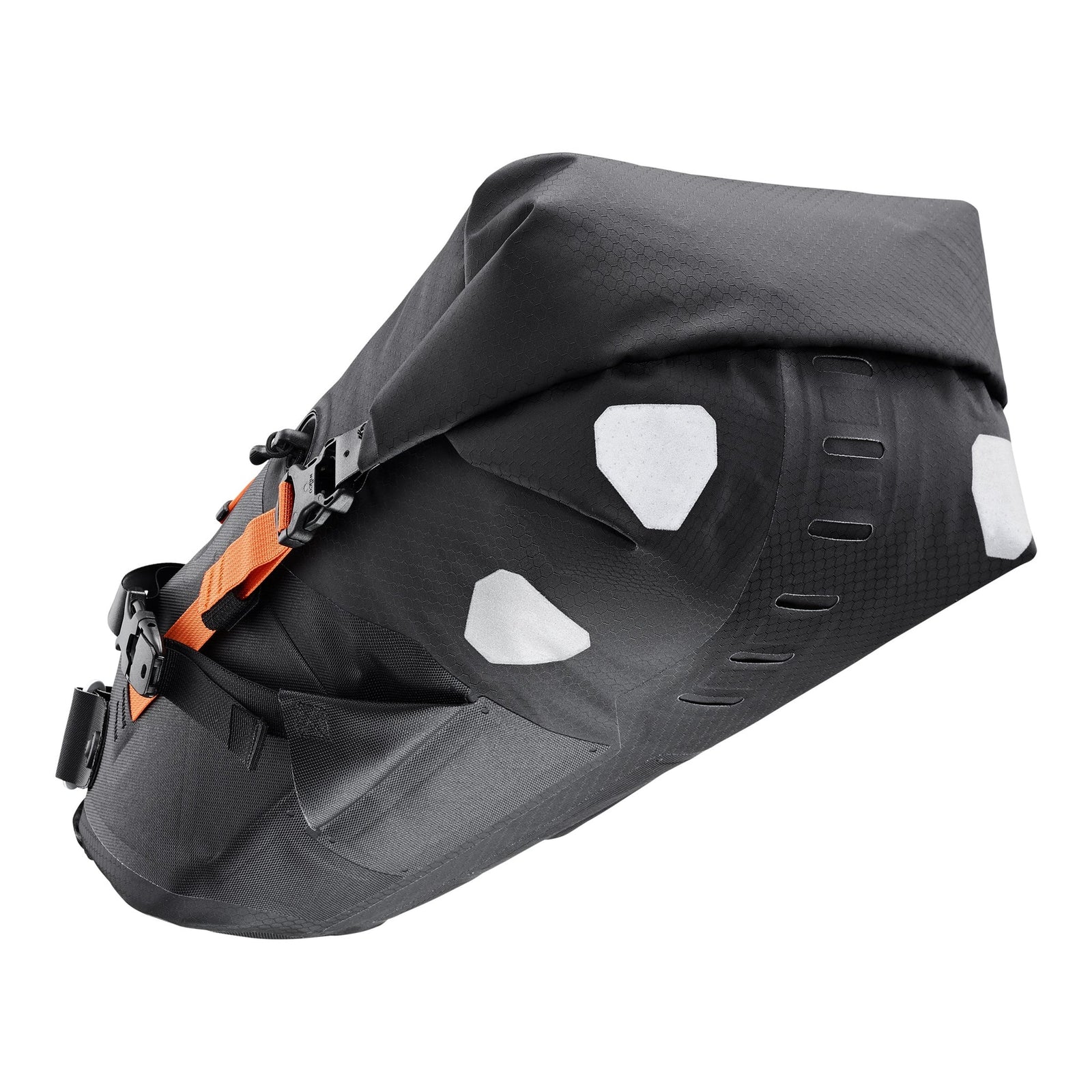 Black ortlieb saddlebag with orange accents on a white background