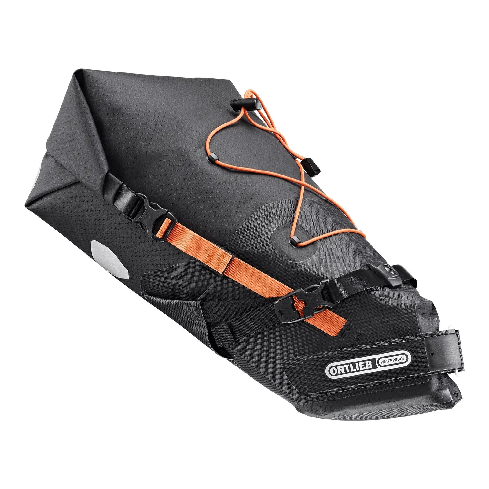Black ortlieb saddle bag with orange straps on a white background