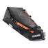 Black ortlieb saddle bag with orange straps on a white background
