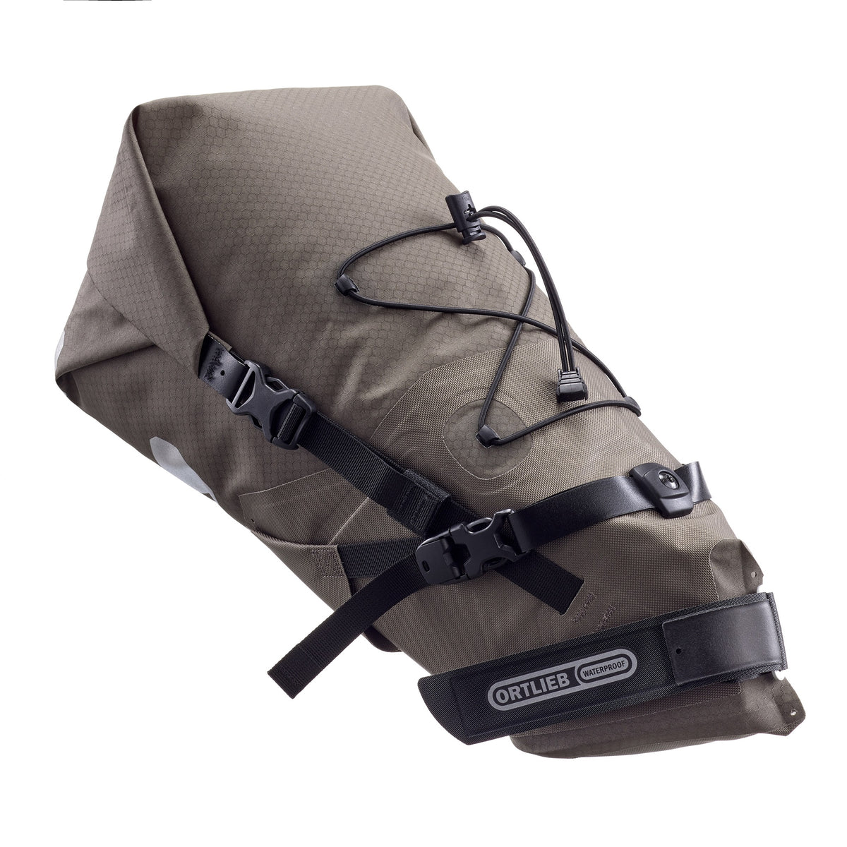 Brown Ortlieb bike saddle bag with black straps on a white background