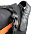 Close-up of a black and orange bag with 'Ortlieb' branding on a white background