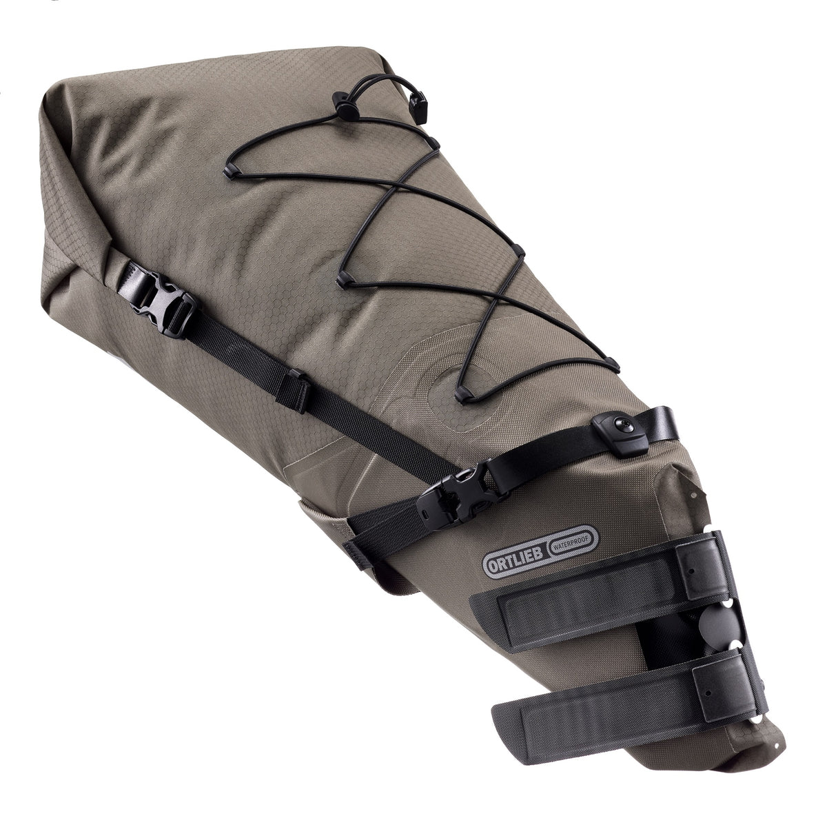 Brown ortlieb bicycle seat bag with black straps on a white background