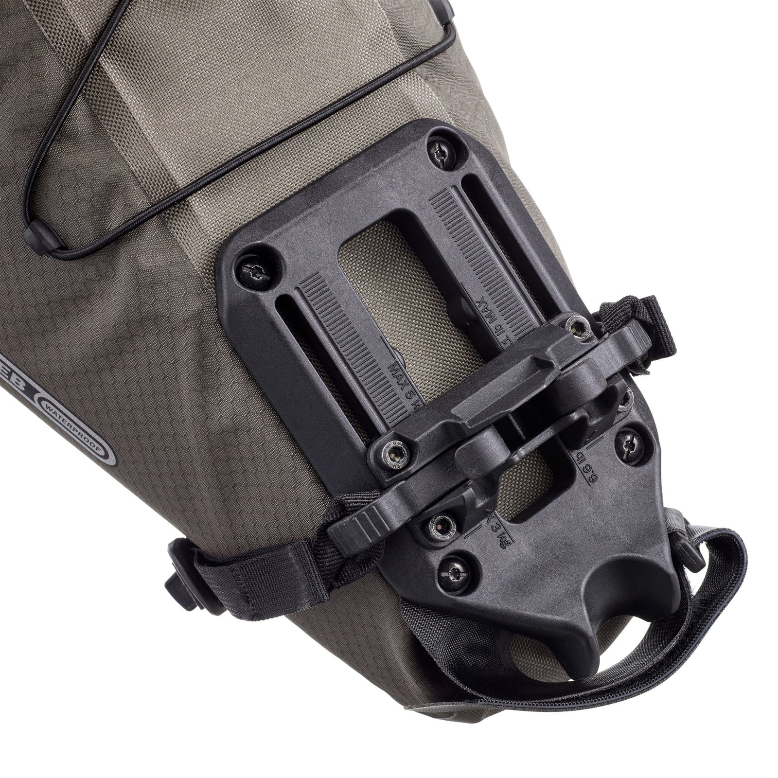 Close-up of an ortlieb bike bag with a black mounting plate on a white background