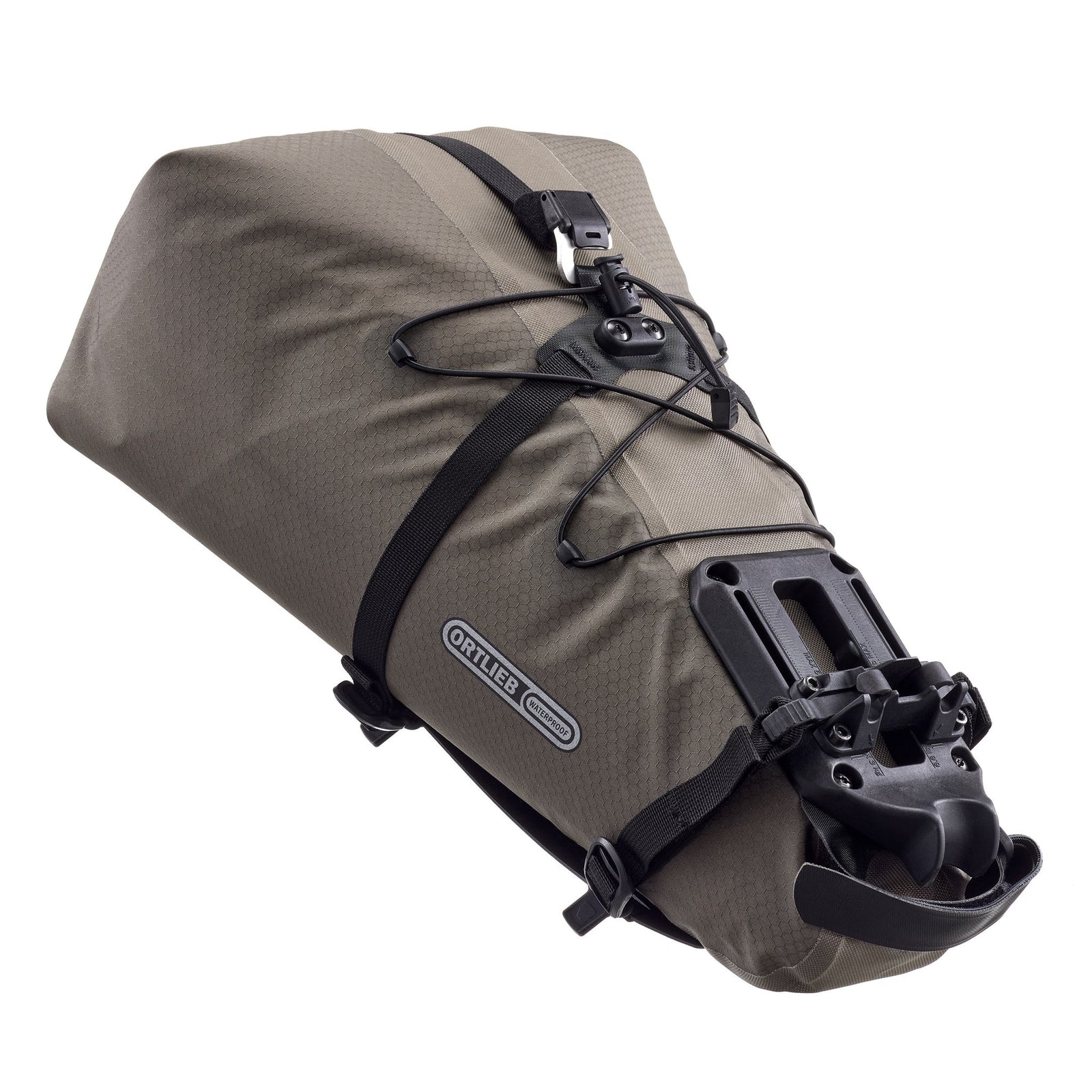 Brown ortlieb bikepacking bag with black straps and quick release mounting hardware on a white background