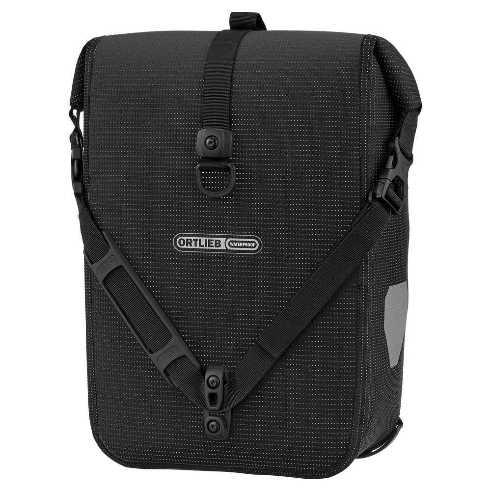 front view of black ortlieb sport roller bag reflective waterproof for cycling 