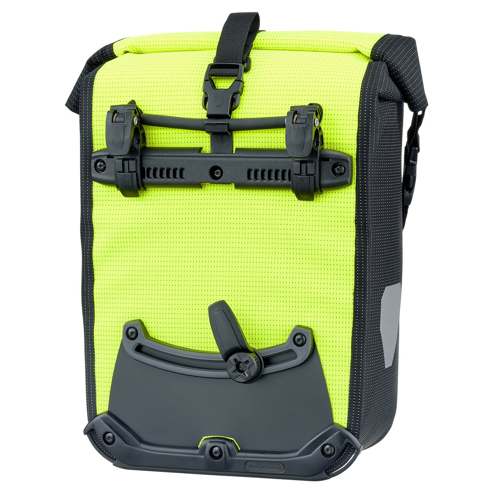 back view of yellow ortlieb sport roller bag reflective waterproof for cycling 