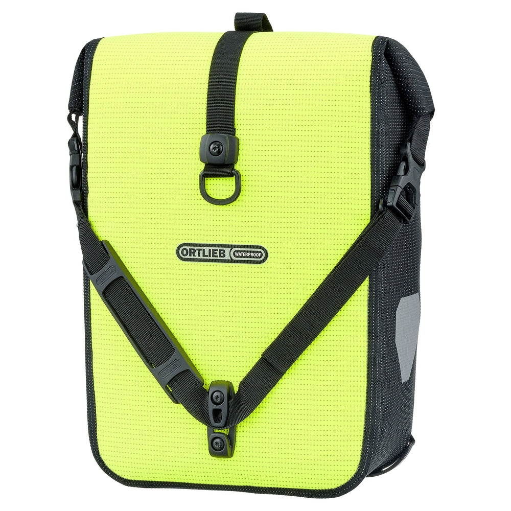 front view of yellow ortlieb sport roller bag reflective waterproof for cycling 