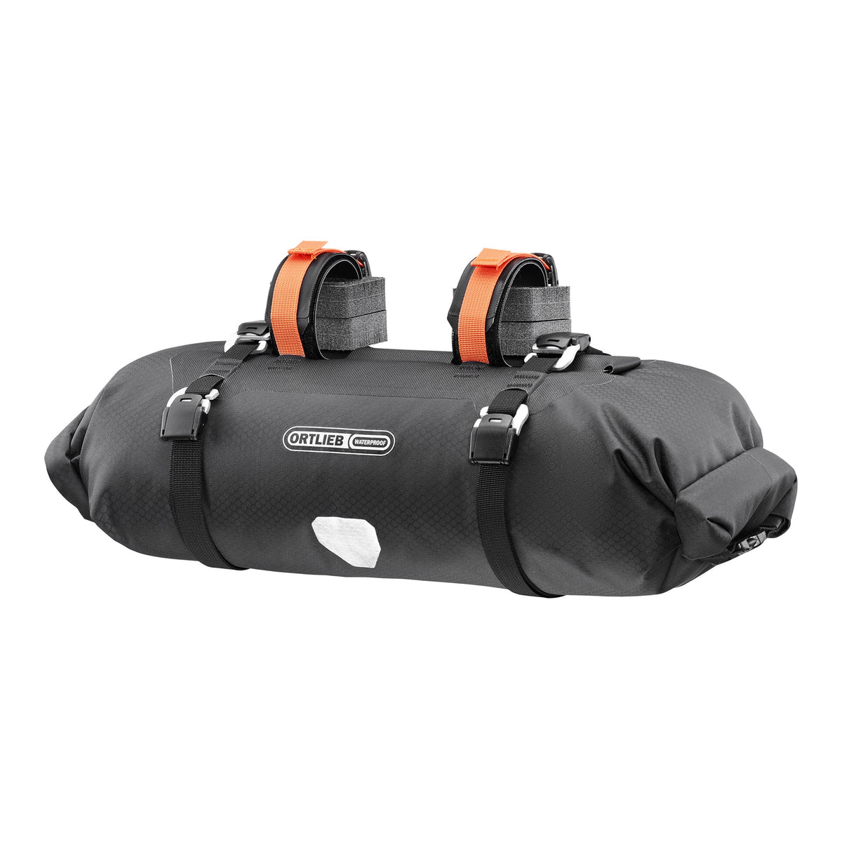 Black ortlieb handlebar bag with orange straps on a white background