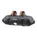 Black ortlieb handlebar bag with orange straps on a white background