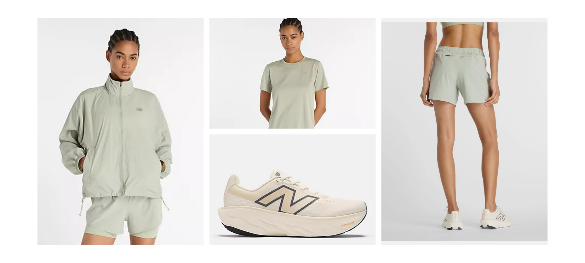 Running outfit for women from New Balance to include nb1080, run shorts, run tee and packable run jacket, all in green shades