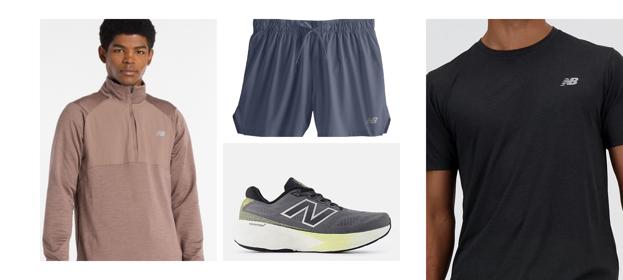 Running outfit for men from New Balance to include nb1080, run shorts, run tee and winter layering long sleeve top