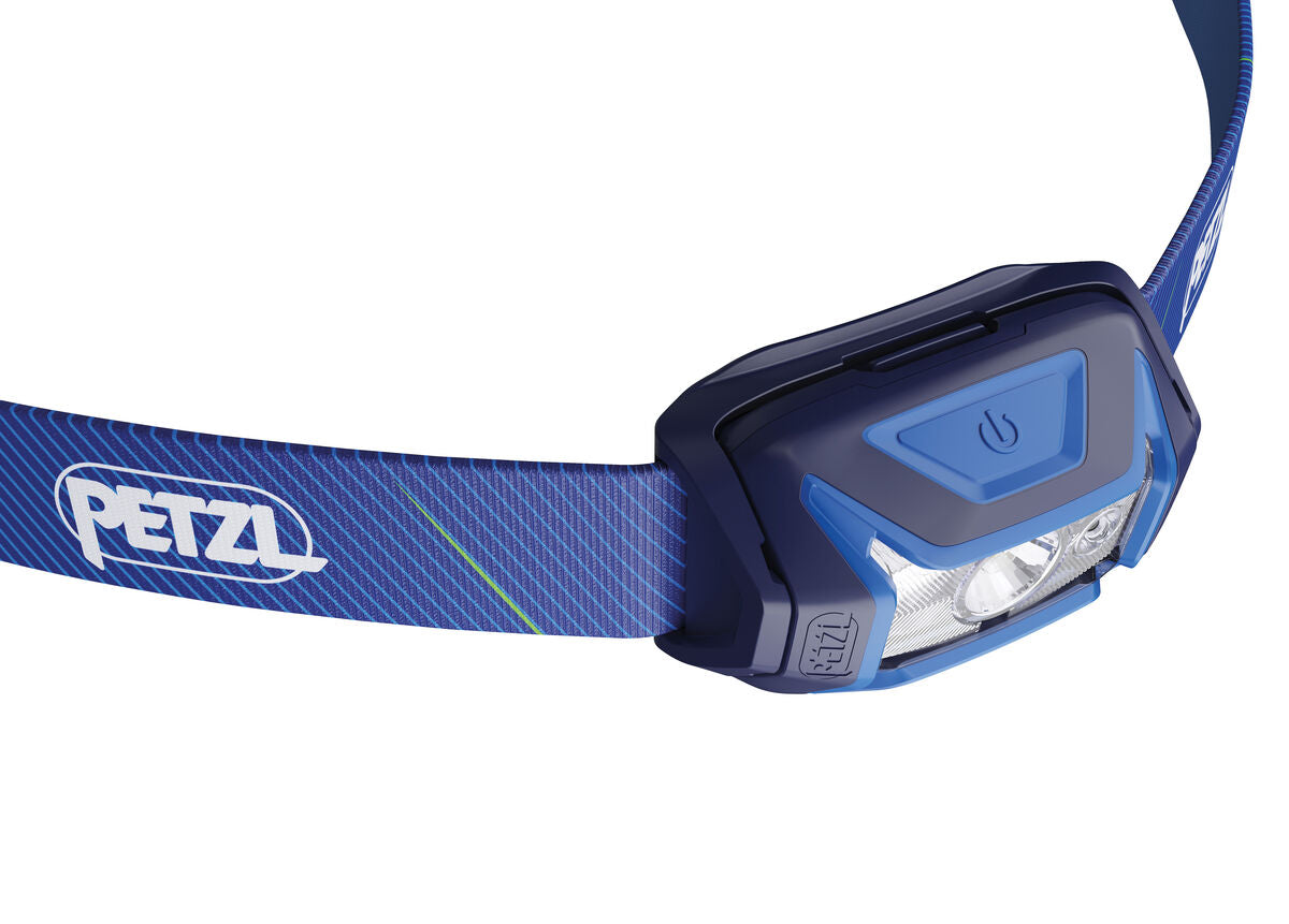 Blue headlamp with Petzl logo on a white background