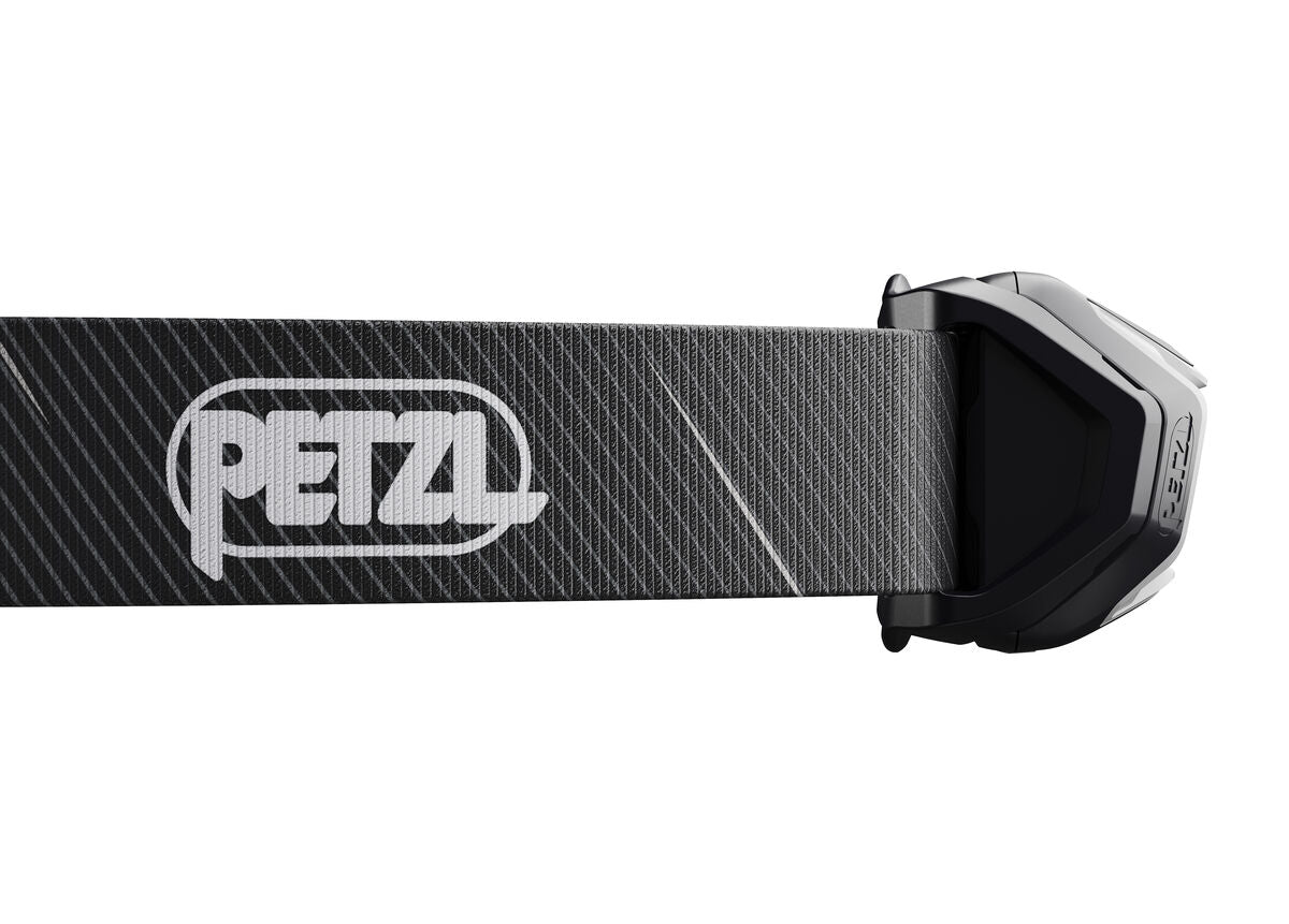 Close-up of a Petzl headlamp with strap black