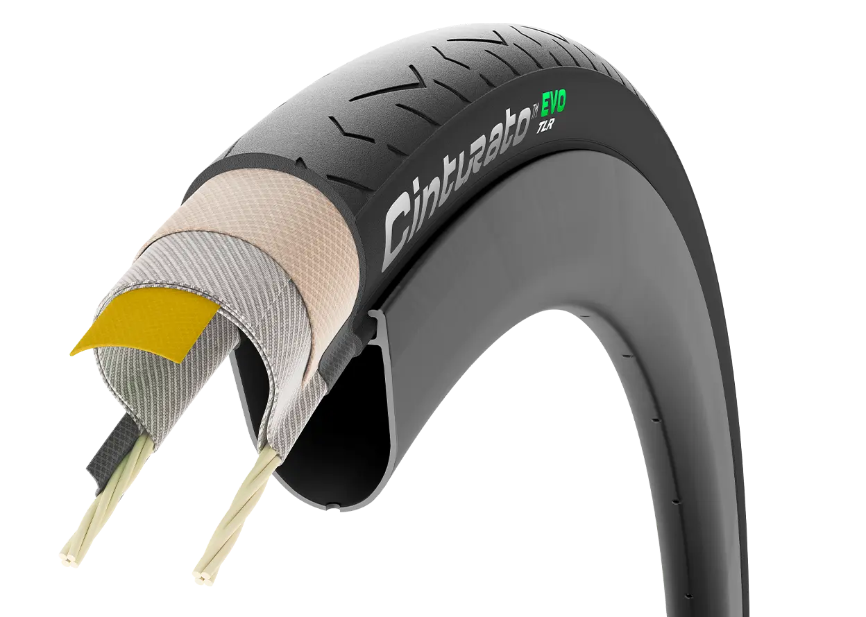 Pirelli Cinturato Evo bicycle tyre with a detailed view of its construction 
