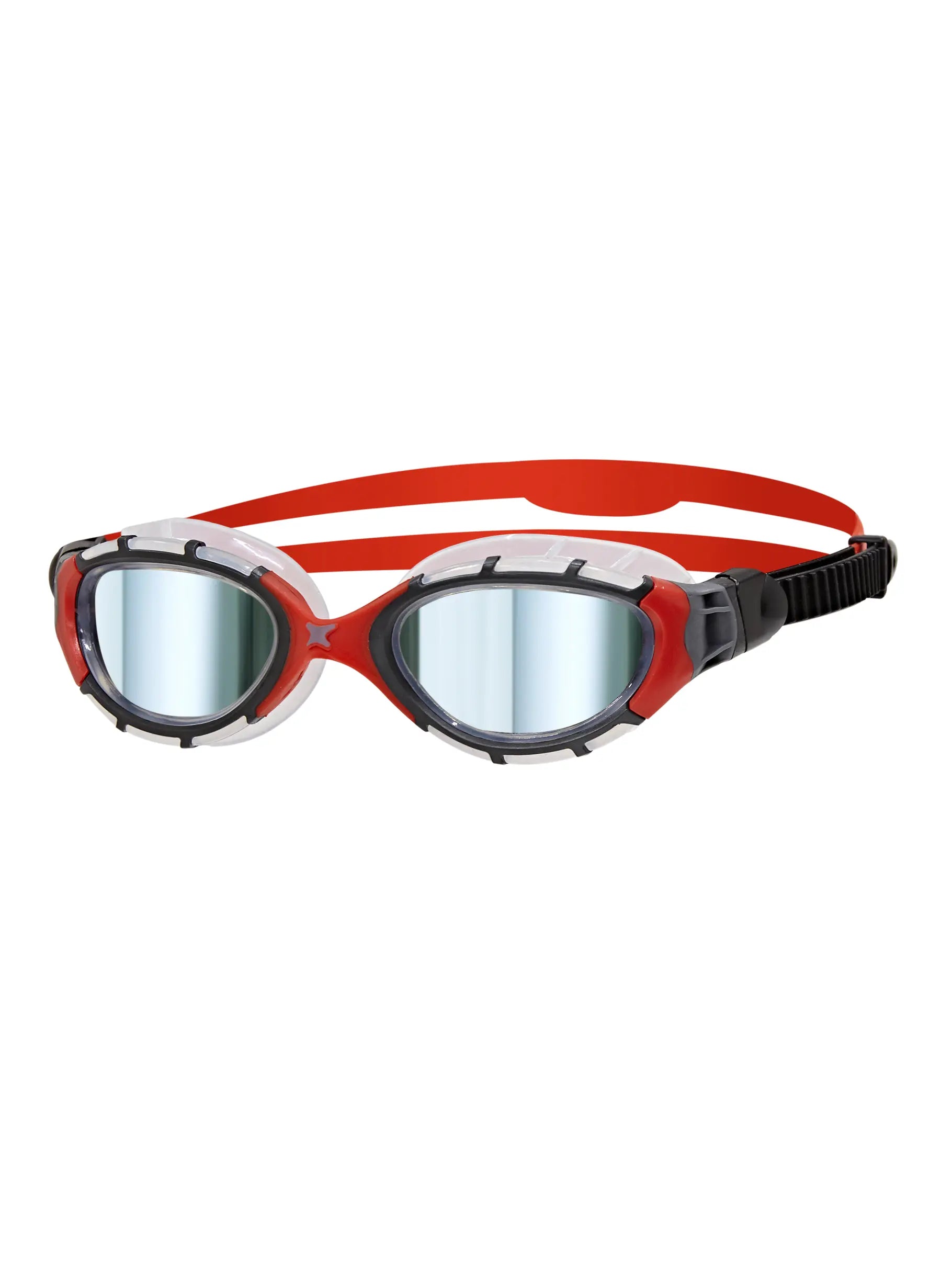 Zoggs predator flex titanium goggles, clear gasket, red strap and nose bridge, smoke lens