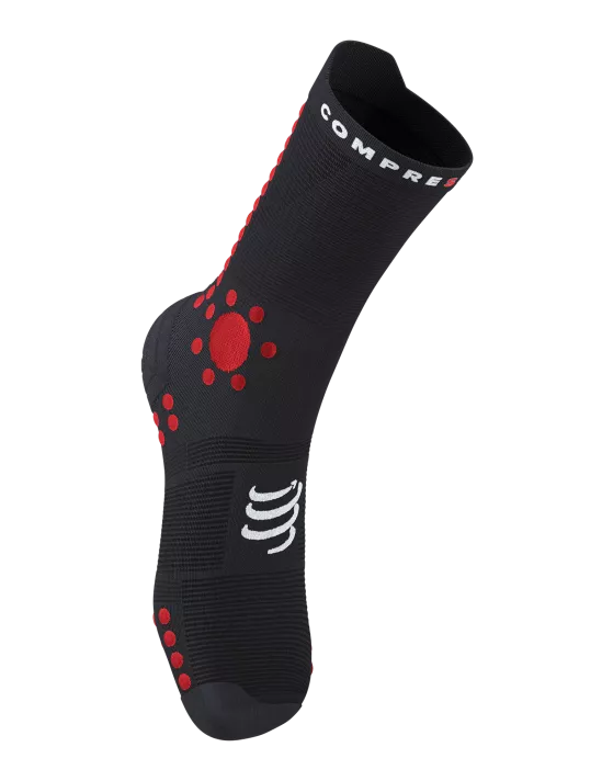 front of compressport pro racing trail socks, crew length compression trail running sock, red black colour