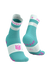 Teal and white socks with pink accents and compressport branding