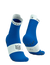 Compressport Pro Racing Socks V4.0 Run Quarter, breathable running sock with blister protection and compression, royal blue and white, pair of socks one showing the front and one showing the heel 